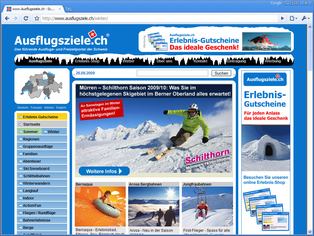 Onlinemarketing im Ausflugsziele.ch Winter-Special 2009/10